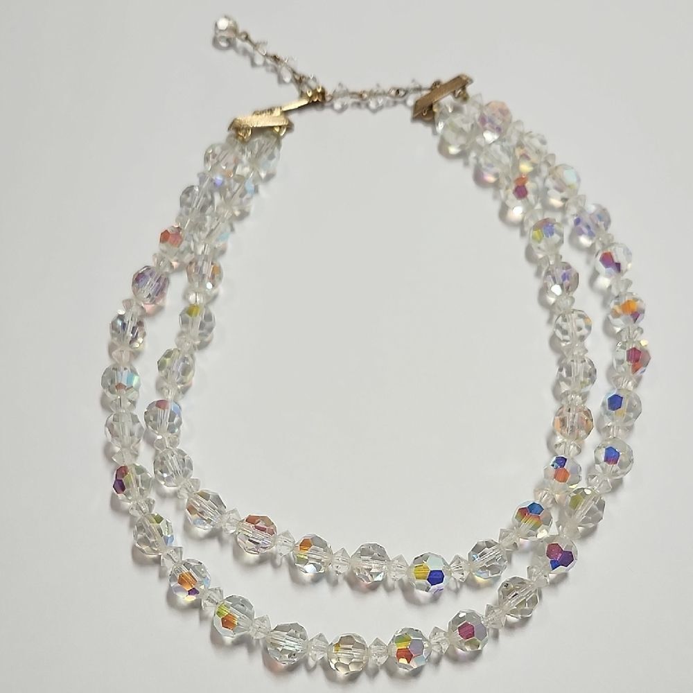 Lisner Vintage Clear Aurora Borealis AB Crystal Faceted Double Strand Necklace